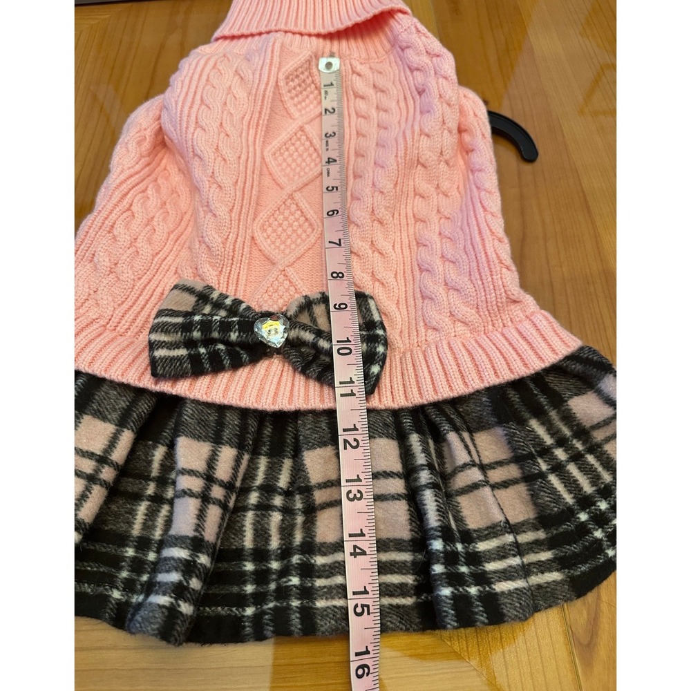 Kyeese‎ Wear Pink Cable Knit Plaid Dog Sweater Dress Rhinestone Heart Bow NWT - Picture 3 of 10